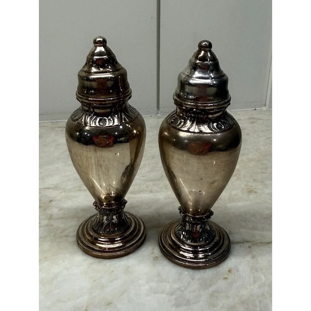 Vintage Silver Plate Salt & Pepper Shakers Made USA #353 Etched Symbols Design